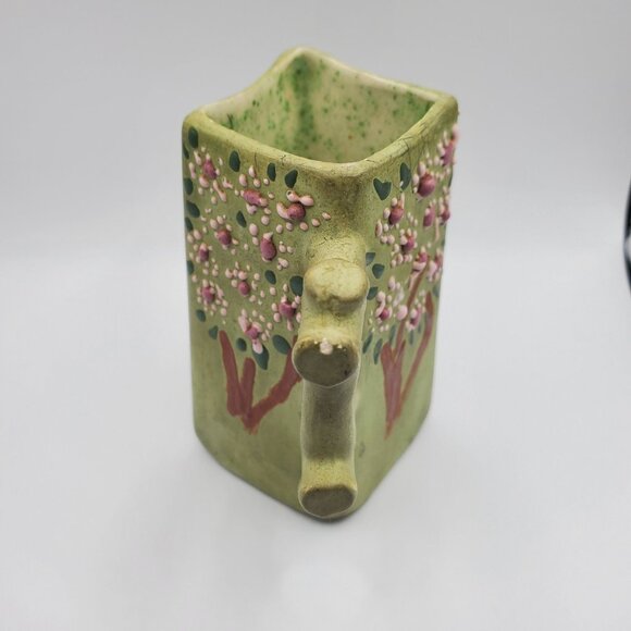 EHL 1960 Art Pottery Vase Planter Ceramic Vessel w/ Handle Green Floral Design - Picture 4 of 15